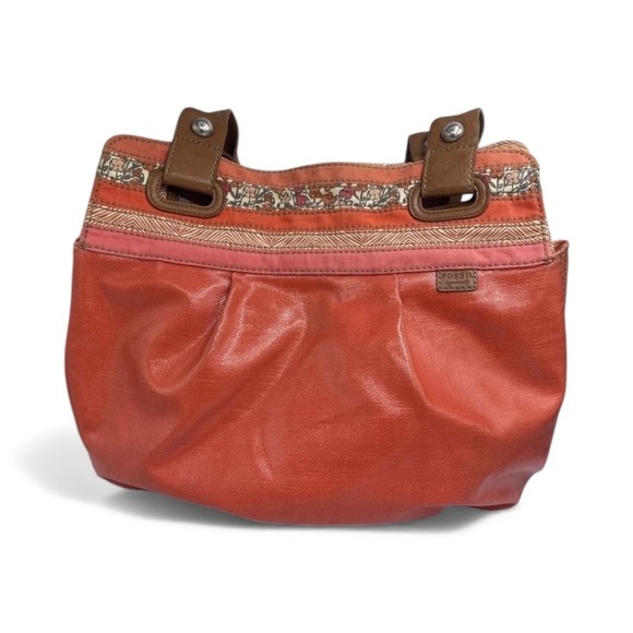 Fossil Handbags - Fossil Key Per Orange Canvas Crossbody Bag Floral Trim Adjustable Strap